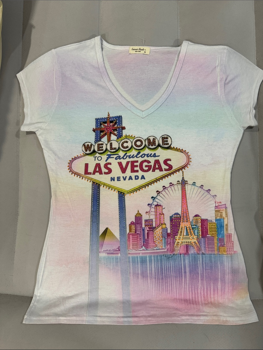 Las Vegas Graphic V-Neck Women's Tee - Pastel Multi